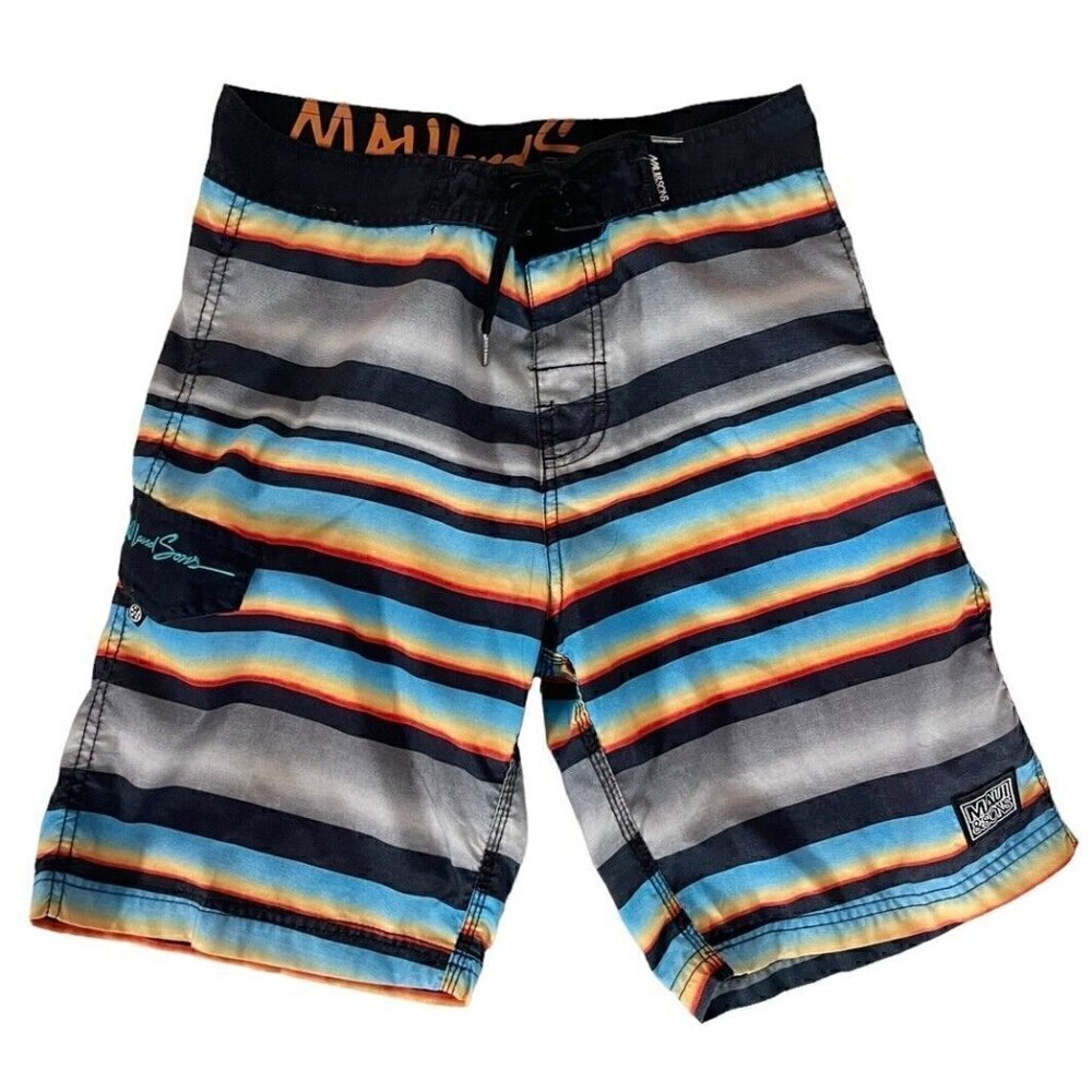 MAUI AND SONS Men's Sz 30 Blue Black Red Yellow Striped Boardshorts